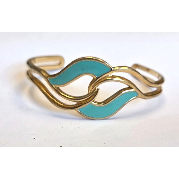 Vintage Avon LoveKnot Goldtone Knot Mint Aqua Enamel 7" Cuff Bracelet - Picture 1 of 3